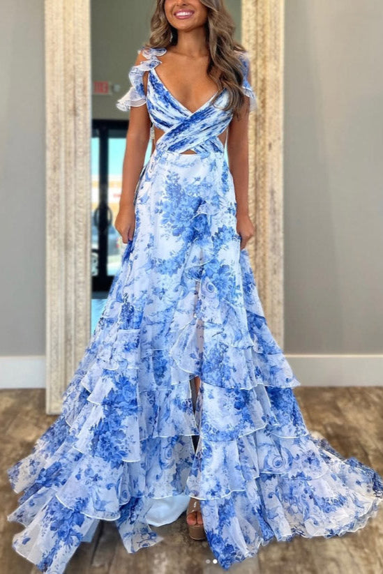 Elegant Printed V-neck Ruffled Flowy Maxi Dress