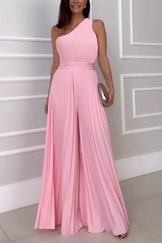 Elegant Pleated Slant Neck Waist Jumpsuit