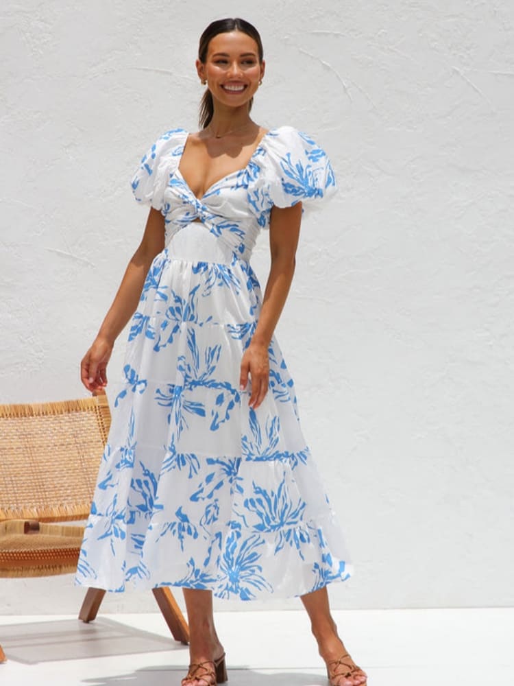 Blue Blossom Cut-Out Midi Dress