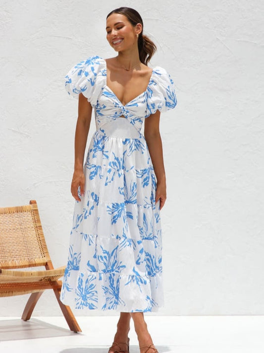 Blue Blossom Cut-Out Midi Dress