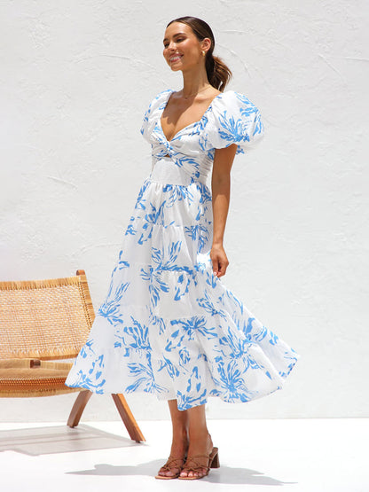 Blue Blossom Cut-Out Midi Dress