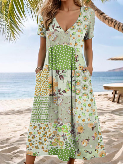 Blue Sky Patchwork Floral Midi Dress