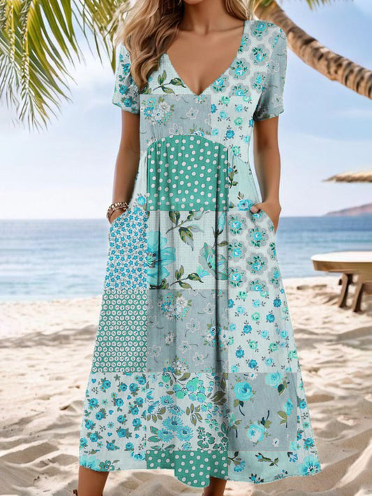 Blue Sky Patchwork Floral Midi Dress