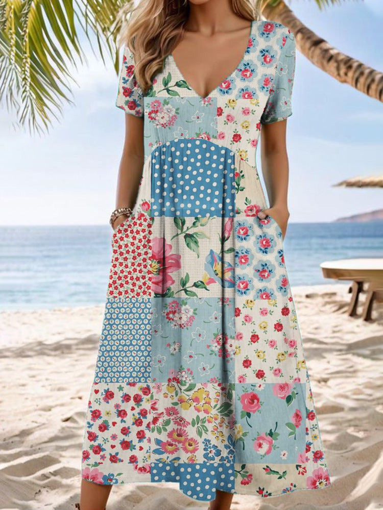 Blue Sky Patchwork Floral Midi Dress