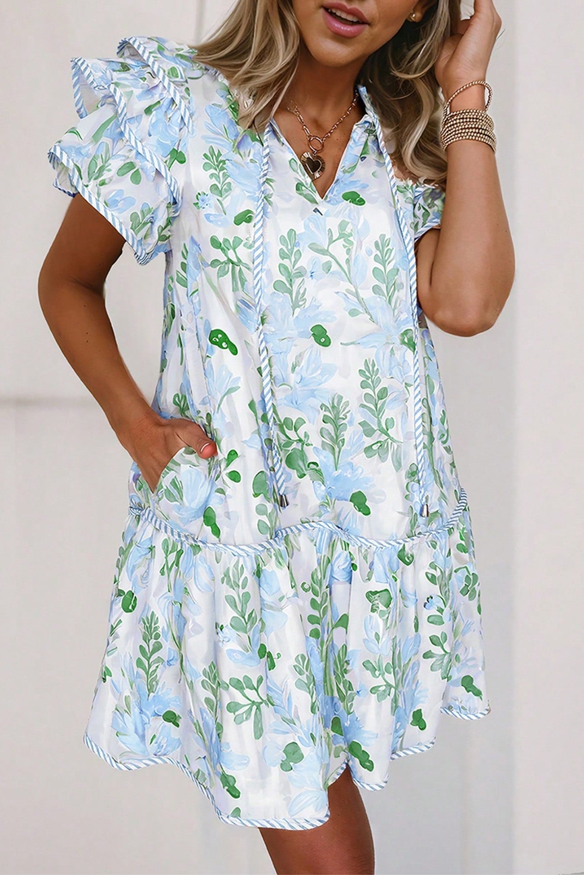 Mintflora Stripe-Trim Mini Dress