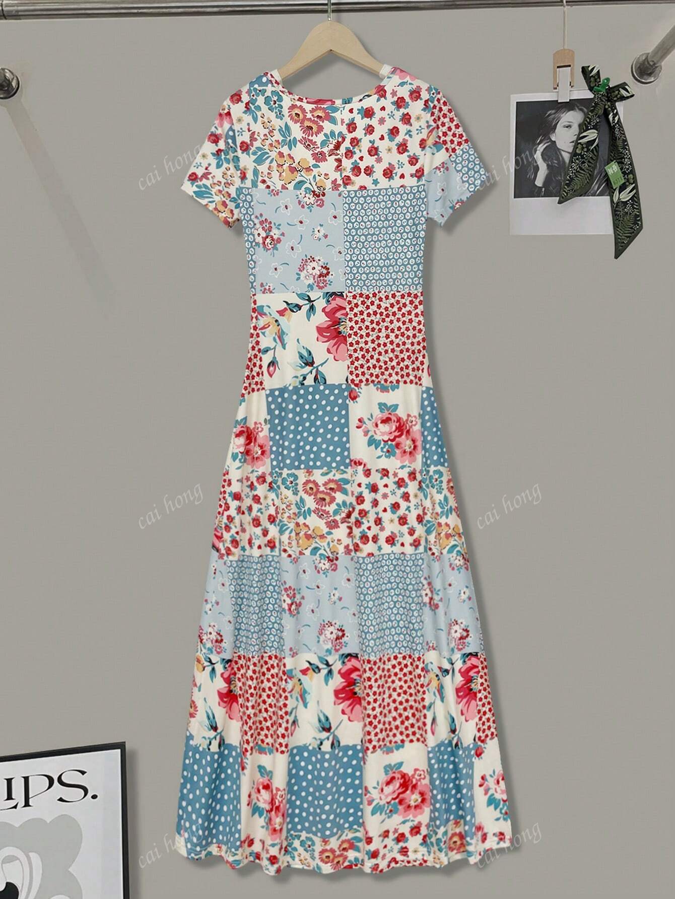 Blue Sky Patchwork Floral Midi Dress