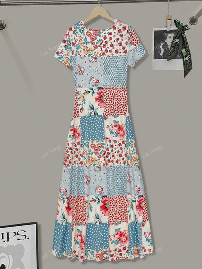 Blue Sky Patchwork Floral Midi Dress