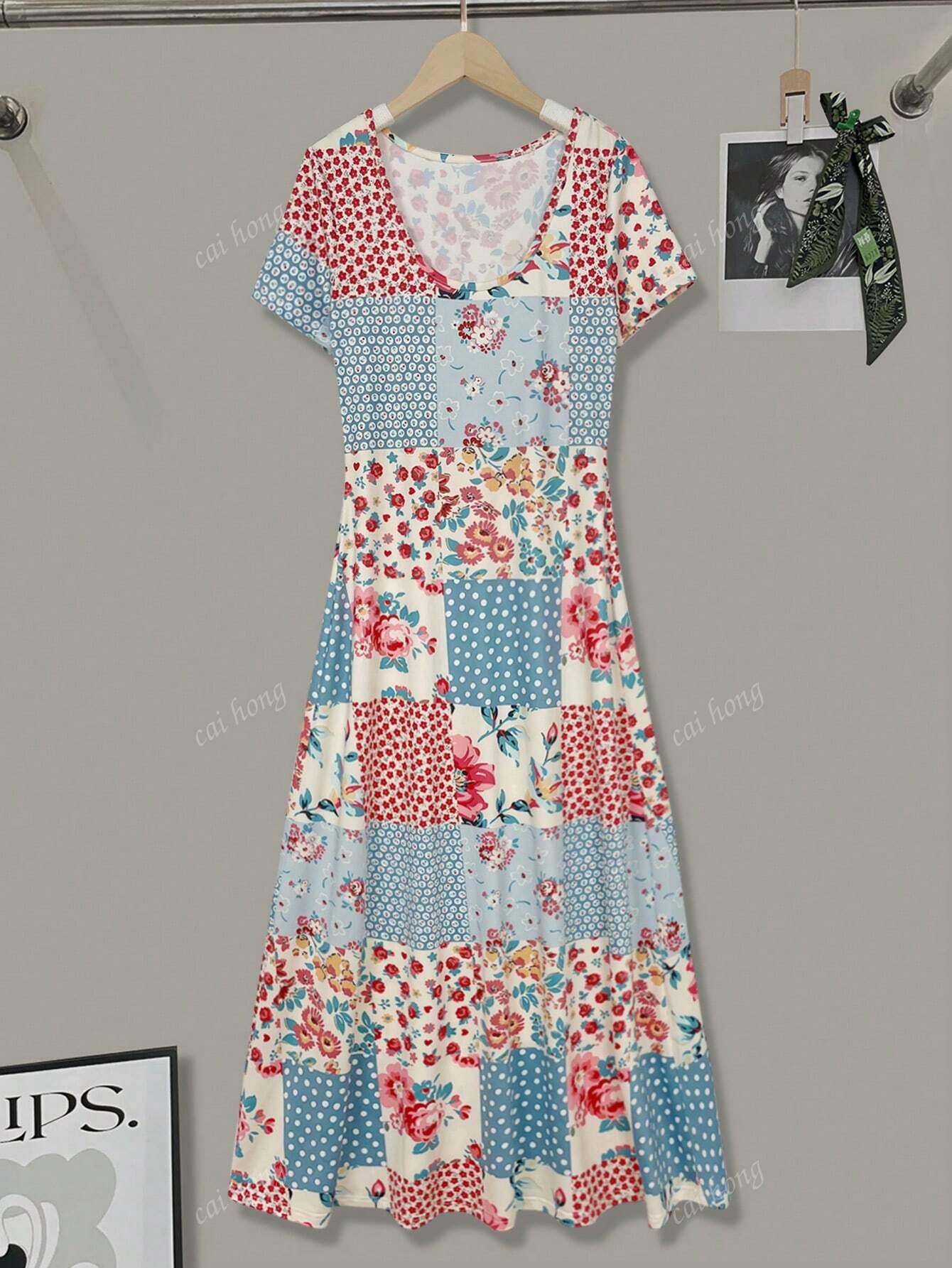 Blue Sky Patchwork Floral Midi Dress