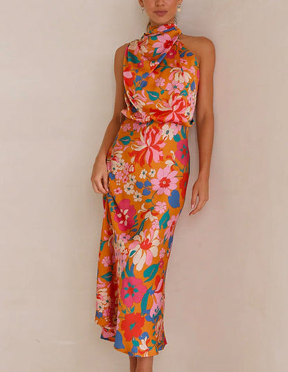 Botanical Bloom Halter Satin Maxi Dress - TheBohoBloom