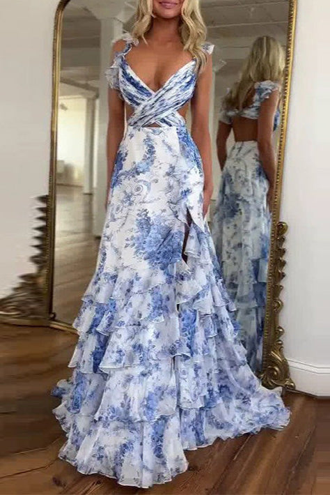 Elegant Printed V-neck Ruffled Flowy Maxi Dress