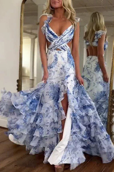 Elegant Printed V-neck Ruffled Flowy Maxi Dress