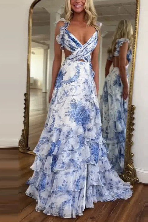 Elegant Printed V-neck Ruffled Flowy Maxi Dress