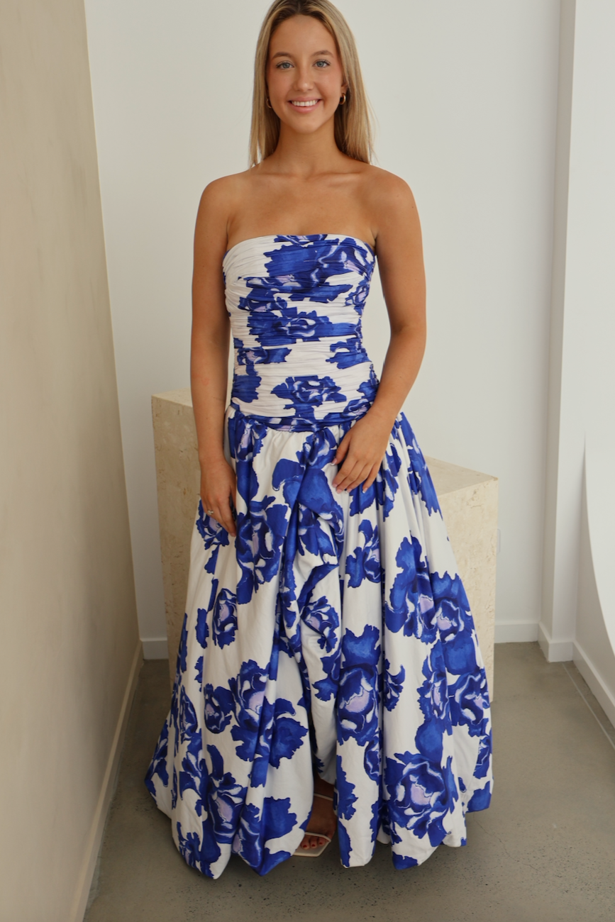 Sapphire Bloom Cascade Maxi Dress