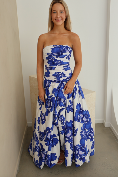 Sapphire Bloom Cascade Maxi Dress