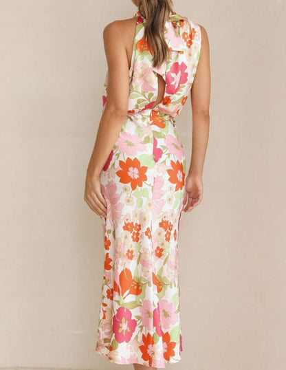 Botanical Bloom Halter Satin Maxi Dress - TheBohoBloom