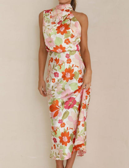 Botanical Bloom Halter Satin Maxi Dress - TheBohoBloom