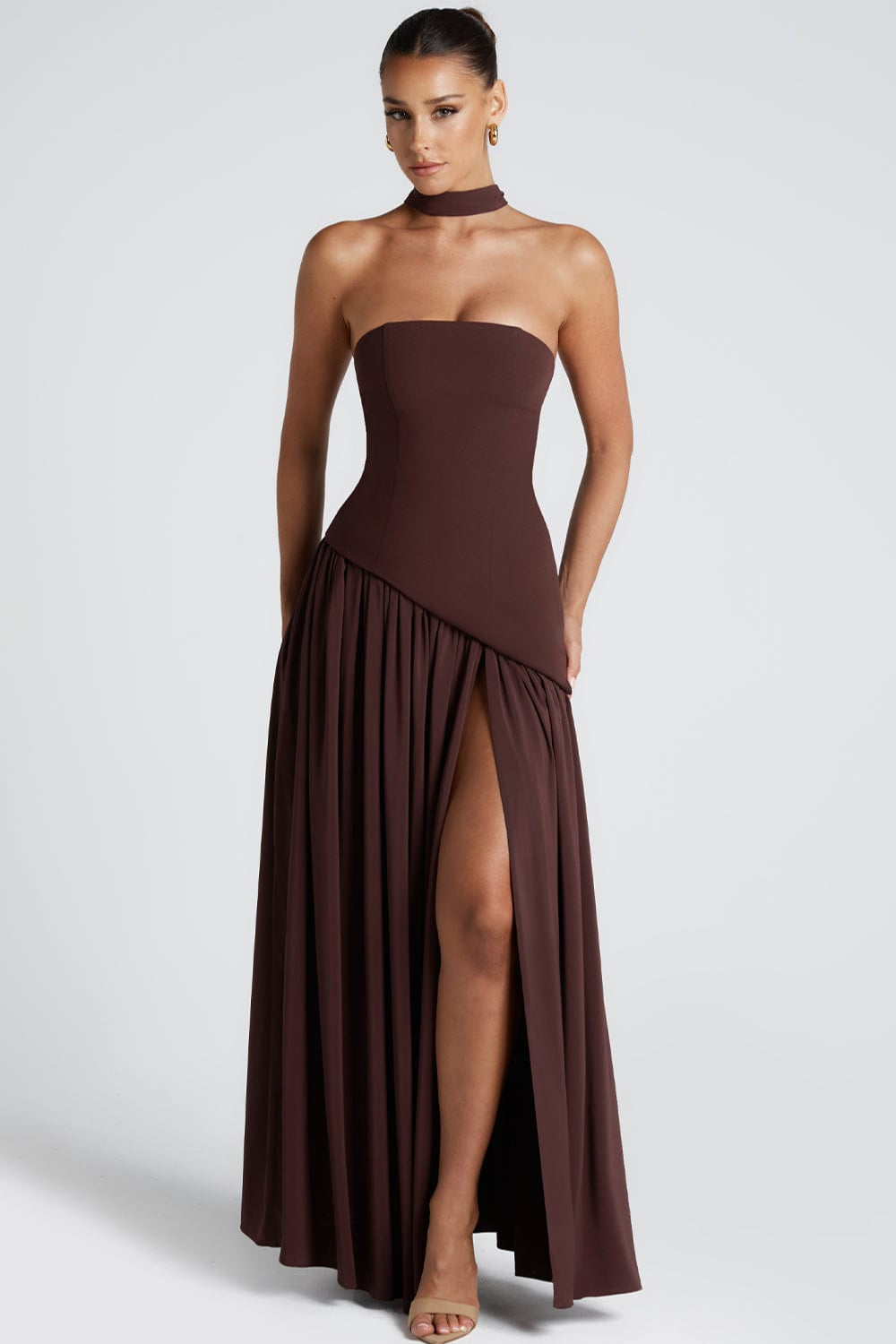 Espresso Luxe Tube with Scarf Maxi Dress