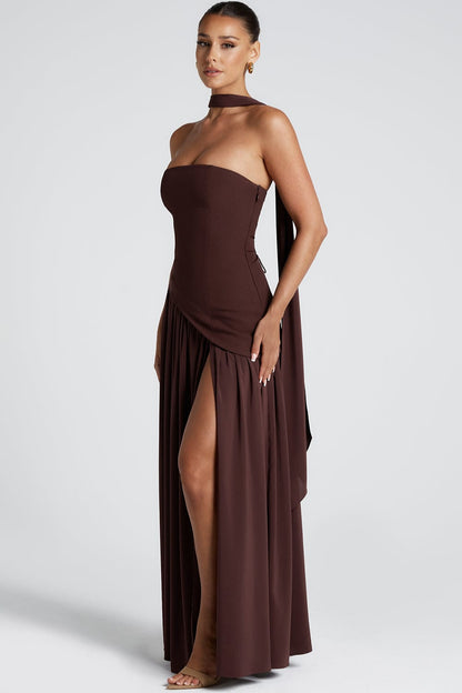 Espresso Luxe Tube with Scarf Maxi Dress