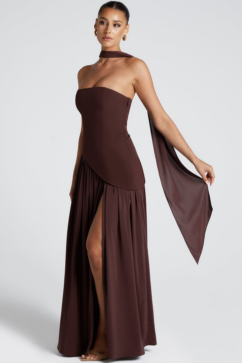 Espresso Luxe Tube with Scarf Maxi Dress