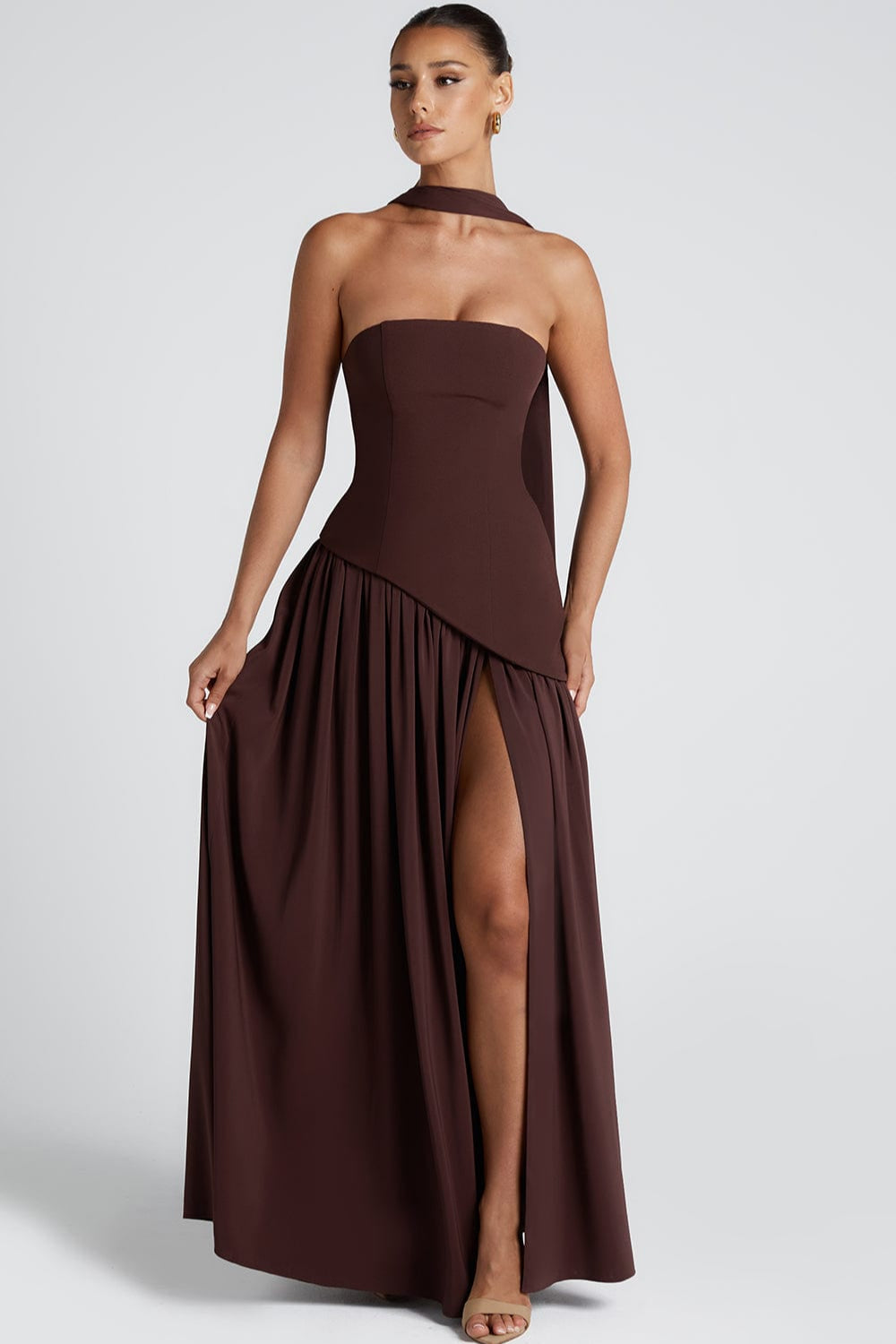 Espresso Luxe Tube with Scarf Maxi Dress