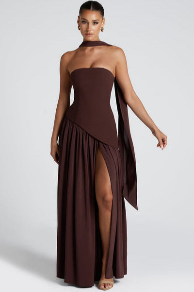 Espresso Luxe Tube with Scarf Maxi Dress